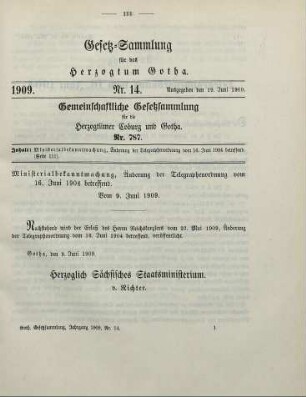 14. Ministerialbekanntmachung, Änderung der Telegraphenordnung vom 16. Juni 1904 betreffend. Vom 9. Juni 1909