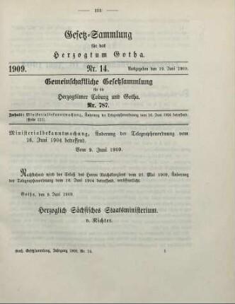 14. Ministerialbekanntmachung, Änderung der Telegraphenordnung vom 16. Juni 1904 betreffend. Vom 9. Juni 1909