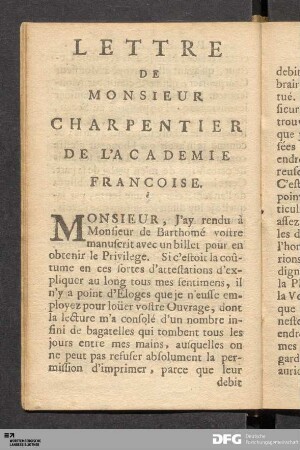 Lettre De Monsieur Charpentier De L'Academie Francoise.