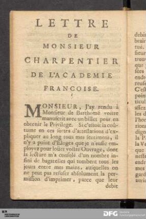 Lettre De Monsieur Charpentier De L'Academie Francoise.