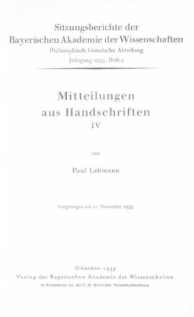 Mitteilungen aus Handschriften. 4 : vorgetragen a. 11. Nov. 1933