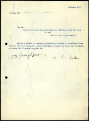 G. Karo und A. von Gerkan an T. Wiegand