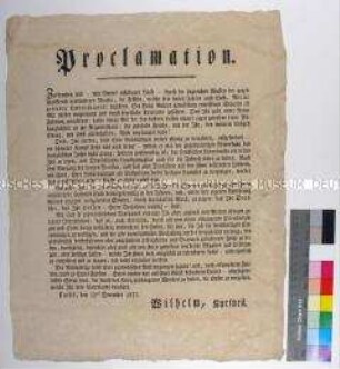 Bekanntmachung von Wilhelm I. Kufürst von Hessen-Kassel über den Sieg der verbündeten Mächte gegen Frankreich und Aufruf an die Bevölkerung zum Gehorsam gegenüber der provisorischen Verwaltung und Unterstützung des Wiederaufbaus eines unabhängigen friedlichen Deutschlands