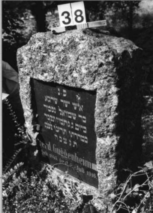 Grabstein 38 (Index: 100085163) Maße HxBxT: 140x55x25 cm Beschreibung: grob stelenhaft behauener Stein, Schriftplatte, rechteckig: Grabstein 38