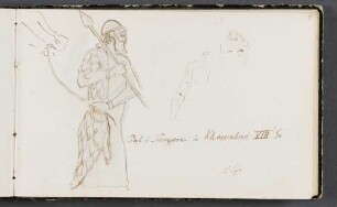 Skizze eines stehenden Kriegers mit Helm und Speer, die Zügel eines Pferdes haltend; Detailstudien