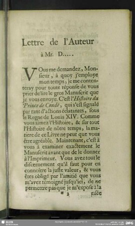Lettre de l'Auteur a Mr. D.....