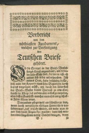Vorbericht von dem nöthigsten Fuudament [!], welches zur Verfertigung der Teutschen Briefe gehöret.