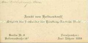 Visitenkarte des Mitglieds des Vorstandes der Hamburg-Amerika-Linie Arndt von Holtzendorff aus der Sammlung des Reichskanzlers Wilhelm Marx / Kategorie "Finanz/Handel" - Sachkonvolut