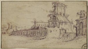 Landschaft mit phantastischer Ruinenarchitektur mit Arkaden