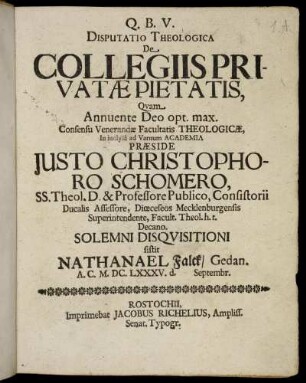 Disputatio Theologica De Collegiis Privatae Pietatis