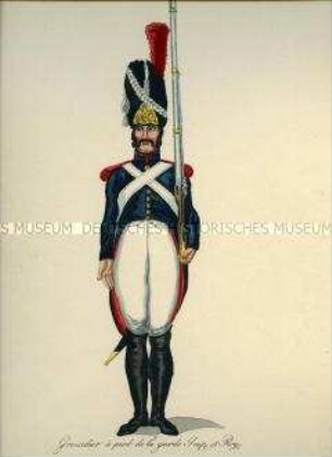 Uniformdarstellung, Gemeiner des Grenadier-Regiments zu Fuß der kaiserlichen Garde, Frankreich, 1810. Tafel 10 aus: Les Gardes Imperiales et Royales de l'Armée Française.
