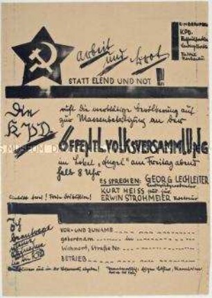 Hektografierte Einladung der KPD zu einer Volksversammlung