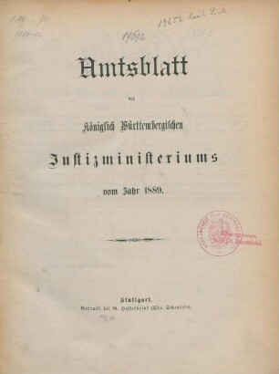 1889: Amtsblatt des Württembergischen Justizministeriums