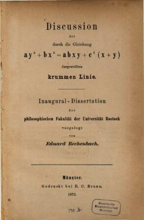 Discussion der durch die Gleichung ay3 + bx3 = abxy + c3(x + y) dargestellten krummen Linie : Inaugural-Dissertation