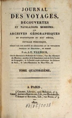 Journal des voyages, decouvertes et navigations modernes : ou archives géographiques et statistiques du 19. siècle, 14. 1822