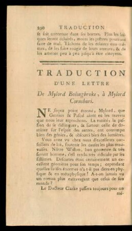 Traduction D'Une Lettre De Mylord Bolingbroke, à Mylord Cornsburi