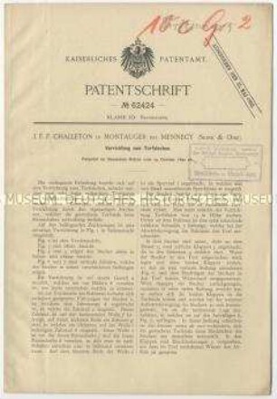 Patentschrift über eine Vorrichtung zum Torfstechen, Patent-Nr. 62424