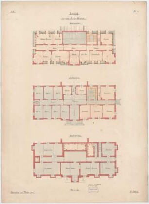Jahn, Johann; München; Badeanstalt (Studienarbeit an der Baugewerkschule) - Grundriss EG; Grundriss Keller; Grundriss DG