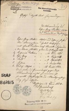 Auswanderung des Johann Georg Merklin von Bahlingen mit seiner Ehefrau Anna Maria, geb. Heckel, und sechs Kindern nach Amerika
