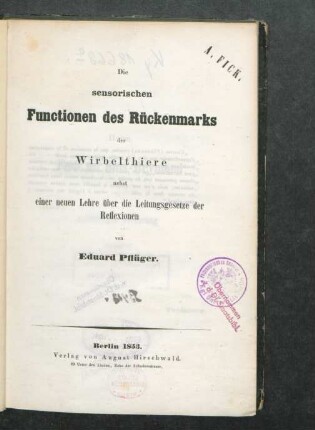 Die sensorischen Functionen des Rückenmarks der Wirbelthiere : nebst einer neuen Lehre über die Leitungsgesetze der Reflexionen
