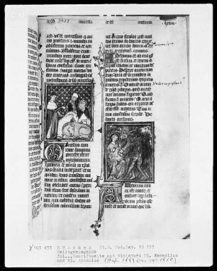 Legenda Sanctorum — Buchseite mit zwei Miniatauren