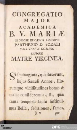 Congregatio Major. Academica B. V. Mariæ...