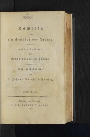 Erster Theil: Kamilla oder ein Gemälde der Jugend