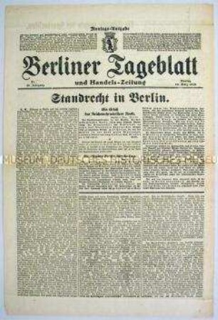 Berliner Tageblatt zur Verhängung des Standrechts über Berlin durch Reichswehrminister Gustav Noske