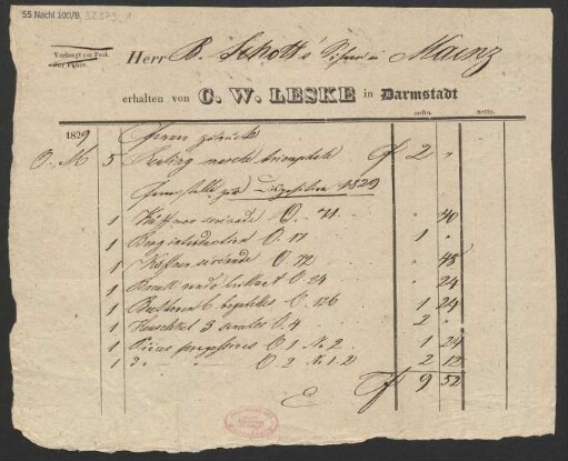 [Lieferschein] [...] erhalten von C.W. Leske in Darmstadt Retour