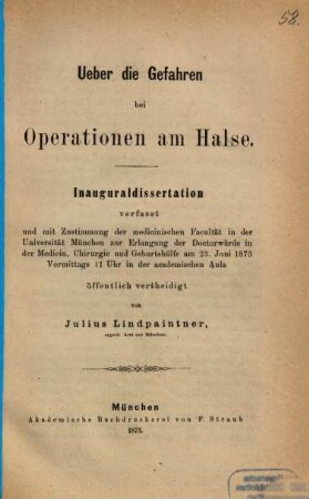 Ueber die Gefahren bei Operationen am Halse : Inauguraldissertation