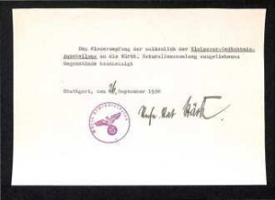 Wiederempfangsbestätigungen von anlässlich der Kielmeyer-Gedächtnis-Ausstellung an die Württ. Naturaliensammlung ausgeliehenen Gegenstände