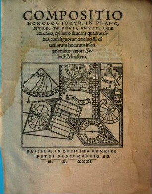 Compositio Horologiorum, In Plano, Muro, Truncis, Anulo, Concavo, cylindro & uarijs quadrantibus : cum signorum zodiaci & diuersarum horarum inscriptionibus
