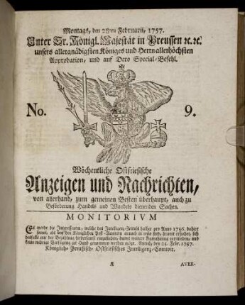 No. 9. Montags, den 28ten Februarii, 1757.