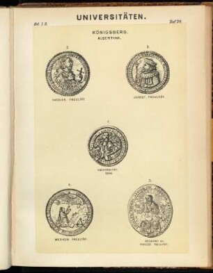 Taf. 20. Königsberg Albertina. 1. Universität 1544. - 2. Theolog. Facultät. - 3. Jurist. Facultät. - 4. Medicin. Facultät. - 5. Decanat der Philos. Facultät