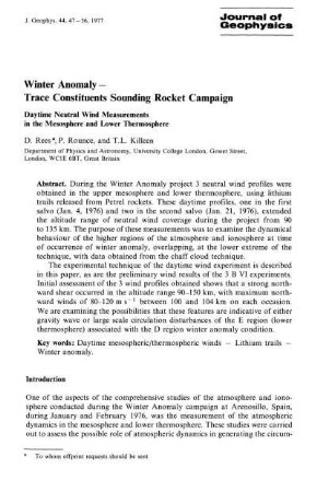 Winter anomaly - trace constituents sounding rocket campaign