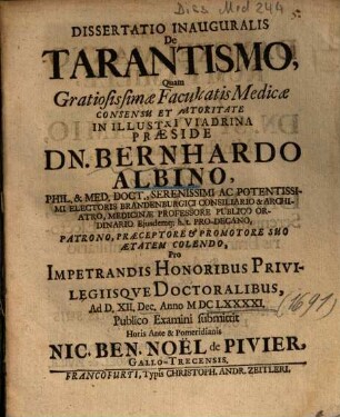 Dissertatio Inauguralis De Tarantismo