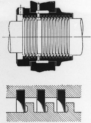 Stopfbüchse einer Dampfturbine, Schema (Maffei-Schwartzkopff-Werke GmbH) : Technikgeschichte | Maschinenbau | Kraftmaschinen | Dampfturbinen