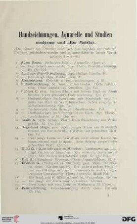 Handzeichnungen, Aquarelle und Studien moderner und alter Meister (Nr. 1-180)