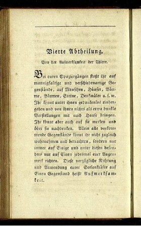 Vierte Abtheilung. Von der Aufmerksamkeit der Thiere.
