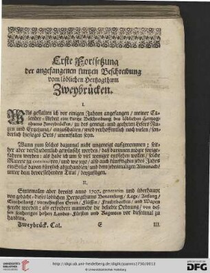 Erste Fortsetzung der angefangenen kurtzen Beschreibung vom loeblichen Hertzogthum Zweybruecken
