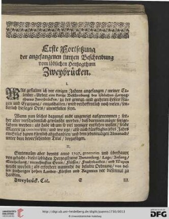 Erste Fortsetzung der angefangenen kurtzen Beschreibung vom loeblichen Hertzogthum Zweybruecken