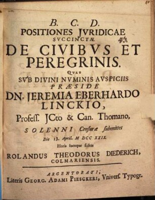 Positiones jvridicae svccinctae de civibvs et peregrinis
