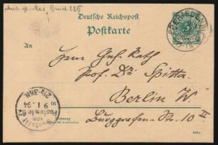 Postkarte an Philipp Spitta : 08.01.1894