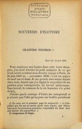 Souvenirs d'égotisme, Autobiographie et lettres inédites de Stendhal (Henri Beyle) publiés par Casimir Stryienski