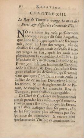 Chapitre XIII. Le Roy de Tunquin vange la mort des Peres, & défait le Pirates de Vin
