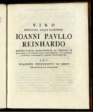 Viro amplissimo atque doctissimo Ioanni Paullo Reinhardo ...