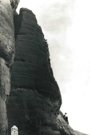 Sächsische Schweiz, Schmilka. Kleiner Falknerturm. Seilschaft Oswald Kunis in der Herrmannswand (VIIb [VIIIa])