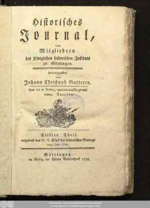 11.1778: Historisches Journal von Mitgliedern des Königlichen Historischen Instituts zu Göttingen