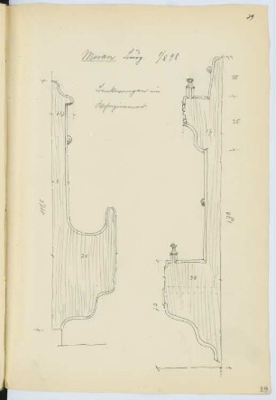 Landesfürstliche Burg, Meran: Kaiserzimmer, Detailzeichnung der Bankseiten an der Tür (aus: Skizzen- und Fotoalbum 14)