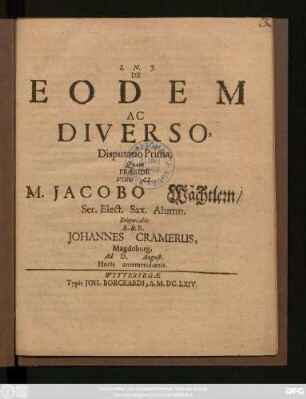 De Eodem Ac Diverso, Disputatio Prima